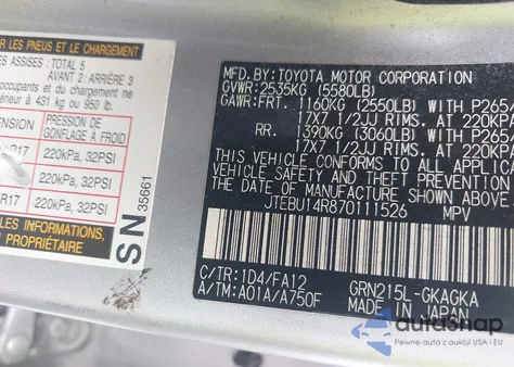 2007 Toyota 4Runner Sr5 V6 из США, поврежденный, VIN JTEBU14R870111526